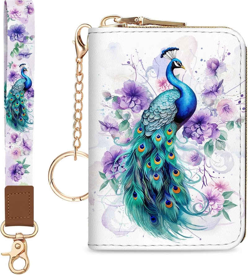 Blusabaca Credit Card Holder for Women, Peacock Small RFID Blocking Wallet with Wristlet Strap, Keychain Wristlet Zipper Women Wallet, Leather Card Case, Accordion Card Wallet Purse with Key Lanyard - Image 1